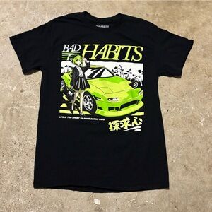 Black Habits Graphic Tee with Green Car Design